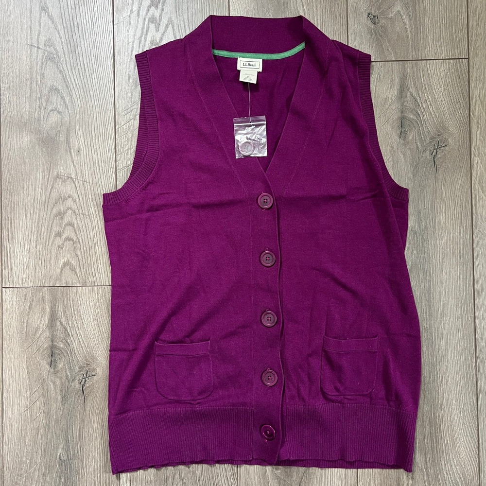 LL Bean Button Up V Neck Sweater Vest Womens XL Pink Purple 100% Cotton